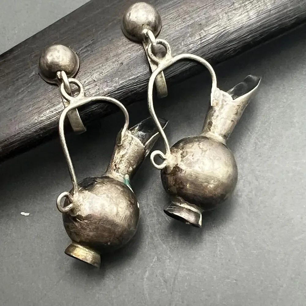 Vintage Mexican Mexico Sterling Silver Pitcher Dangle Screw- back Earrings